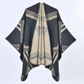 Women's autumn knit poncho featuring a black and beige geometric checkered pattern - Black Camel Geometric Grid