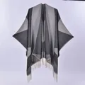 Women's shawl with grey geometric color block design and white fringe tassels - Black Gray Light Gray Color Block