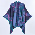 Women's thick knit shawl cape with purple floral patterns and blue hem edges - Purple