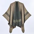 Brown and grey geometric knit shawl cape with a bohemian open front draped design - One Size / Robe / 130x150cm / Khaki