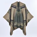 Women's autumn knit poncho shawl with geometric rhombic patterns in earth tones - Khaki Geometric Grid