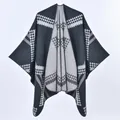 Women's knit shawl poncho with black grey and white geometric checkerboard pattern - Black White Geometric Grid