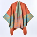 Poncho en maille bohème aux motifs géométriques orange et bleu, châle chaud pour l'hiver - Orange Géométrique