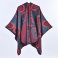 Châle en tricot pour femme avec motifs floraux abstraits gris foncé et rouges - Bleu Foncé Rouge