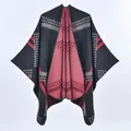 Women's knit poncho cape with red diagonal stripes and grey geometric pattern - Black Red Geometric Grid