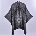 Women's dark gray double-sided knitted poncho with geometric tribal patterns - Reversible Rhombus Black Gray