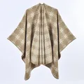 Knit shawl poncho in beige and brown with geometric star patterns for women - 135cmx155cm / Khaki