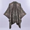 Bohemian geometric print split shawl in olive green and khaki knit fabric - Reversible Rhombus Green Coffee