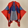 Ethnic knit red shawl with vibrant bird embroidery and geometric floral patterns - 130x150cm / Phoenix Flight Red