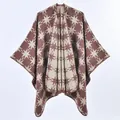 Women's cashmere-like split poncho with retro coffee brown geometric star knit patterns - 135cmx155cm / Coffee