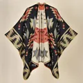 Bohemian knit shawl wrap with ethnic geometric patterns in black orange and beige colors - 130x150cm / Star Small Floral