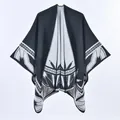 Thick faux cashmere poncho cape in black and grey with geometric floral patterns - One Size / 130x150cm / Black White Bamboo Leaf
