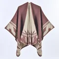 Thick faux cashmere split poncho shawl in deep brown and beige ethnic pattern - One Size / 130x150cm / Coffee Bamboo Leaf
