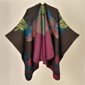 Ethnic knit shawl in dark brown featuring vibrant blue and gold phoenix bird patterns - 130x150cm / Phoenix Flight Coffee