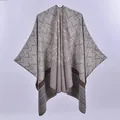 Double-sided beige and grey cashmere shawl with geometric V-pattern and striped hem - Chevron Arrow Khaki