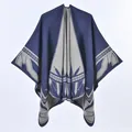 Navy and gray faux cashmere poncho with geometric knit patterns and a side slit - One Size / 130x150cm / Navy Blue Bamboo Leaf