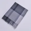 Classic plaid winter scarf in dark grey and blue color blocks with fringe edges - Grey Blue