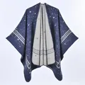 Navy and grey double-sided knit shawl poncho with star patterns and geometric trim - One Size / Robe / 130x150cm / Navy Blue