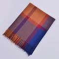 Soft plaid scarf with orange, red and blue checks and classic fringed edges - Orange Blue