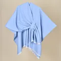 Light blue knitted shawl wrap with elegant front knot and white fringe tassels - 130x150cm / Light Blue with Fringe