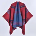 Knitted plaid poncho shawl in red and blue vintage pattern with red hemmed edges - Red Geometric Grid