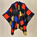 Women's knitted poncho shawl with red, blue, and yellow geometric plaid pattern - 130x150cm / Super Cube Pattern
