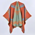 Orange geometric knit shawl poncho with light blue patterns and high-quality edge stitching - Orange Geometric Grid