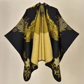 Ethnic navy knit shawl with symmetrical gold wing patterns and floral embroidery - 130x150cm / Phoenix Flight Black Yellow