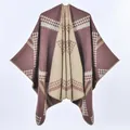 Women's split knit shawl cape with retro diamond patterns in dusty pink and beige - Coffee Geometric Grid