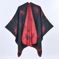 Red and black double-sided knit shawl with elegant ginkgo leaf pattern for women - Ginkgo Leaf Black Red / 135x155cm