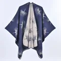 Navy blue and cream ginkgo leaf pattern knit poncho wrap for women in a reversible style - Ginkgo Leaf Navy Blue / 135x155cm