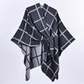 Grey and black windowpane plaid knitted shawl with cross-tie design for women - Black Gray Plaid