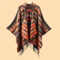 Women's geometric hooded knit poncho with Aztec patterns and fringe tassels for travel - Hooded Tassel Geometric Orange Coffee