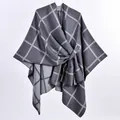 Fashionable grey checkered knit shawl cape with elegant front tie detail for women - Dark Gray Plaid