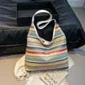 Large capacity woven tote bag with colorful stripes and a white wide shoulder strap - Multicolor Striped (White)
