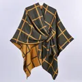 Classic dark green and mustard yellow checkered knit shawl wrap with tie-front detail - Yellow Green Plaid