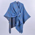 Blue and grey plaid warm shawl cape with a belted front tie and thick knit texture - Blue Plaid