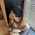 Retro brown tote bag with wide rivet strap and round coin purse in casual style - Brown