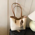 Retro cream white large tote bag with brown straps and minimal FASHION logo - Cream White with Pendant