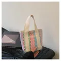 Gestreepte gebreide draagtas met kleurrijke strepen en crème canvas handvaten voor dames - Roze Groen Blauw Paars Gestreept (Stijl 3)