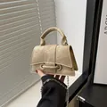 Mini khaki denim texture trapezoid handbag with silver chain strap and top handle - Khaki