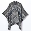 Retro geometric pattern knit poncho with vintage navy blue and beige tribal design - Black Rhombic Stripe