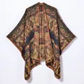 Vintage geometric knit shawl cape with ethnic tribal patterns for winter fashion - Orange Black Rhombic Stripe