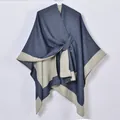 Detail of the high-quality woven texture on a navy and grey split-front shawl cape - Navy Blue & White