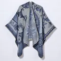 Women's vintage blue jacquard knit shawl with floral patterns and split design - 130x150cm / Trumpet Flower Paisley Navy Blue