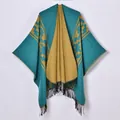 Bohemian teal and mustard jacquard shawl with geometric patterns and fringe tassels - Teal Yellow Geometric