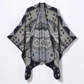 Scialle vintage in maglia da donna con motivo geometrico poncho bohémien blu notte - Taglia unica / Grigio Scuro