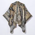 Bohemian floral jacquard poncho cape in khaki and grey for women's autumn winter fashion - 130x150cm / Trumpet Flower Paisley Camel