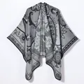 Vintage floral jacquard open front shawl poncho for women in grey and black knit - 130x150cm / Trumpet Flower Paisley Black