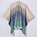 Women's faux cashmere gradient stripe open front poncho with fringe details - Tops / 135x155cm / Gradient Lake Blue